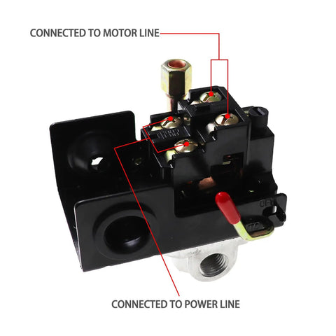 Close-up of Air Compressor Pressure Switch Control Valve Kit 110V-240V with motor and power line connections visible.