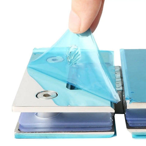 Heavy Duty 180 Degree Glass Door Hinge 2 Pack for Frameless Cabinets and Showcases with protective film being removed