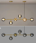 Modern Gold Pendant Lighting With Smoke Gray Glass Globes Adjustable 6-Light Hanging Ceiling Fixture For Living Room Dining Room Kitchen And Bedroom With A Soft Glow For A Cozy Vibe shown on and off.