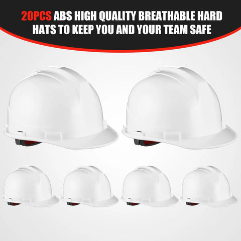 20 Pack Ratchet Adjustable Safety Hard Hats With Cotton Brow Pad ABS Construction 4 Point Suspension White Bulk Helmets For Men And Women On Job Sites Today front view