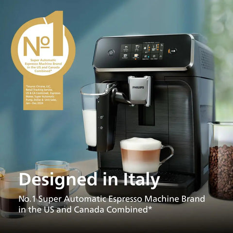 Fully Automatic Espresso Coffee Maker With Integrated Grinder And LatteGo Milk System For Silky Homemade Lattes Four One Touch Brews 15 Bar Pressure Matte Black Certified Refurbished on display with latte and coffee.