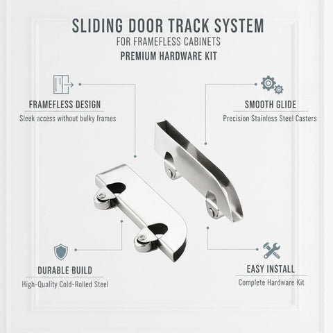 Heavy Duty Sliding Door Track System For Frameless Cabinets Built With Cold Rolled Steel Rails And Premium Stainless Steel Casters for easy installation.