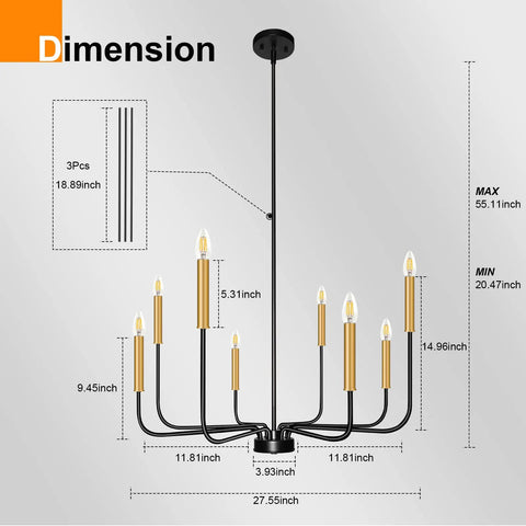 Black Matte Farmhouse 8 Light Chandelier With Gold Candle Accents Dope Modern Pendant Ceiling Light For Dining Room, Kitchen, Hallway, Living Room, Bedroom, Office, Bar, Foyer
