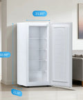 Compact Upright Freezer With 6 Cubic Feet Capacity And Seven Temperature Settings showcased with open door revealing shelves.