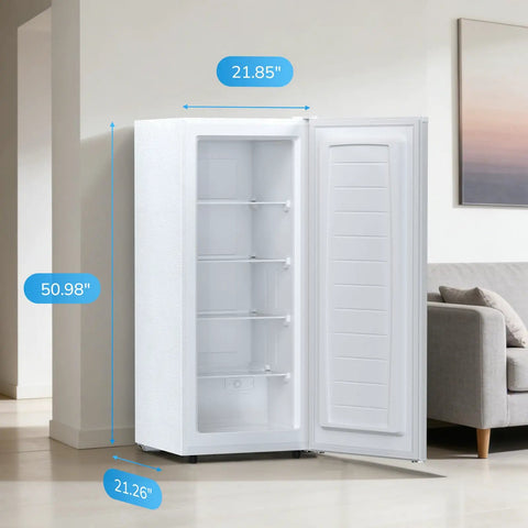 Compact Upright Freezer With 6 Cubic Feet Capacity And Seven Temperature Settings showcased with open door revealing shelves.