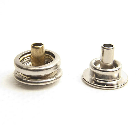 Close-up of Longer Post Snap Fasteners For Leather And Thick Fabrics Or Carpet By DOT Brand Nickel Plated Brass Set components