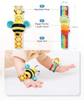 Kickass Infant Sensory Play Kit Featuring Ultra Bright Wrist Rattles And Comfy Foot Finder Socks Crafted For Teething Toddlers Ages 0 To 12 Months with two colorful rattles on baby's arms.