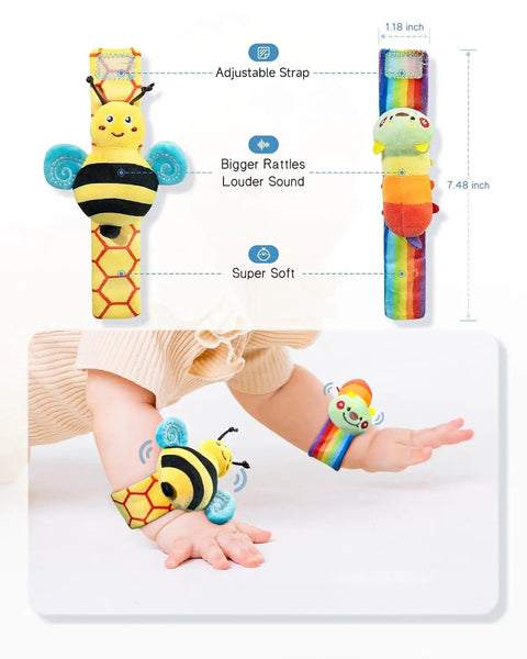 Kickass Infant Sensory Play Kit Featuring Ultra Bright Wrist Rattles And Comfy Foot Finder Socks Crafted For Teething Toddlers Ages 0 To 12 Months with two colorful rattles on baby's arms.
