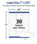 Hassle Free Premium Easy Peel Printable Address Labels With Sure Feed Tech 1X2 5/8 Customizable White Stickers 750 Count layout with dimensions and labels per sheet.