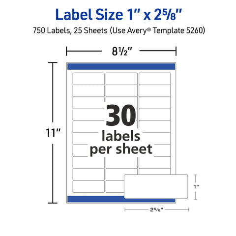 Hassle Free Premium Easy Peel Printable Address Labels With Sure Feed Tech 1X2 5/8 Customizable White Stickers 750 Count layout with dimensions and labels per sheet.