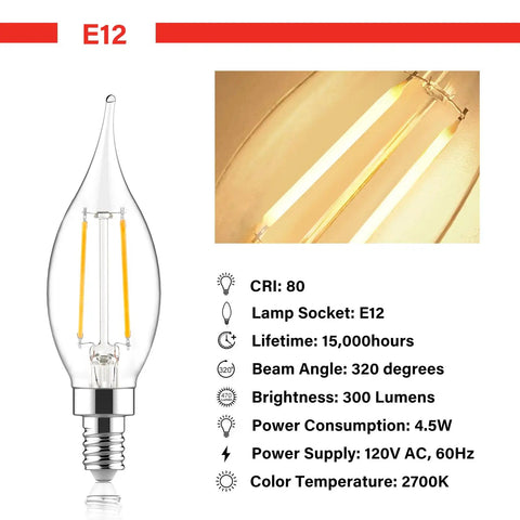 Dimmable 40 Watt Equivalent CA10 Flame Tip LED Candle Bulb showing E12 base, 2700K soft white, 15000h lifespan, CRI 80 specs