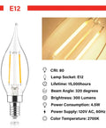Dimmable Candelabra LED Bulbs 60W Equivalent, 2700K Soft White Flame Tip CA10, clear glass E12 base with specifications