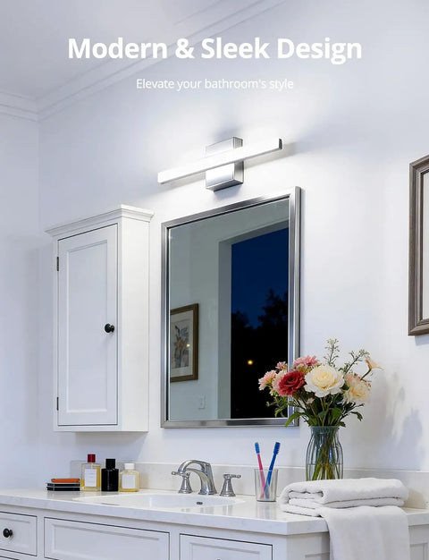 Sleek Over Mirror Vanity Light Fixture 16 Inch Chrome LED Bar 9W Cool White 6000K Non Dimmable Bathroom Wall Light