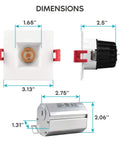 Dimensions of 2 Inch Square LED Recessed Light With Junction Box 8W 50W Equivalent 5000K Bright White 600 Lumens Dimmable Downlight
