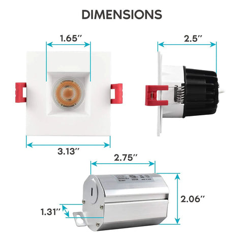 Dimensions of 2 Inch Square LED Recessed Light With Junction Box 8W 50W Equivalent 5000K Bright White 600 Lumens Dimmable Downlight