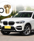 Solid Gear Car Radiator Coolant Expansion Tank Bleeder Screw With Tough Rubber O Ring Seal And Heat Resistant Copper Build For Hassle Free BMW X3 X5 325i Engine Cooling Fix Up, shown with a white BMW vehicle.
