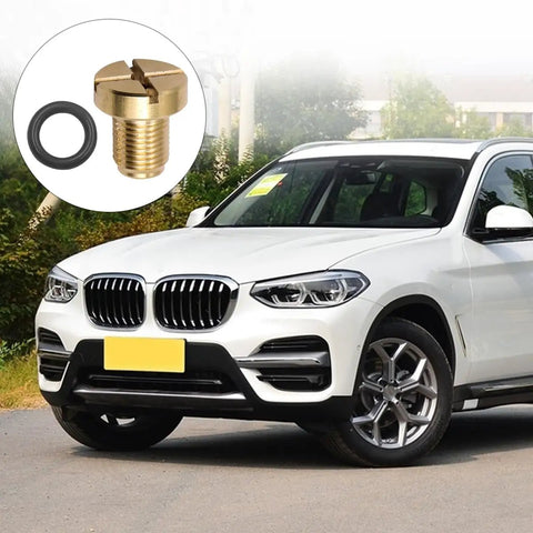 Solid Gear Car Radiator Coolant Expansion Tank Bleeder Screw With Tough Rubber O Ring Seal And Heat Resistant Copper Build For Hassle Free BMW X3 X5 325i Engine Cooling Fix Up, shown with a white BMW vehicle.