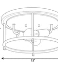 Diagram of Durrell Collection Two-Light Flush Mount In Brushed Nickel 13 Inch Ceiling Light Fixture, 6.5-inch depth