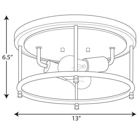 Diagram of Durrell Collection Two-Light Flush Mount In Brushed Nickel 13 Inch Ceiling Light Fixture, 6.5-inch depth