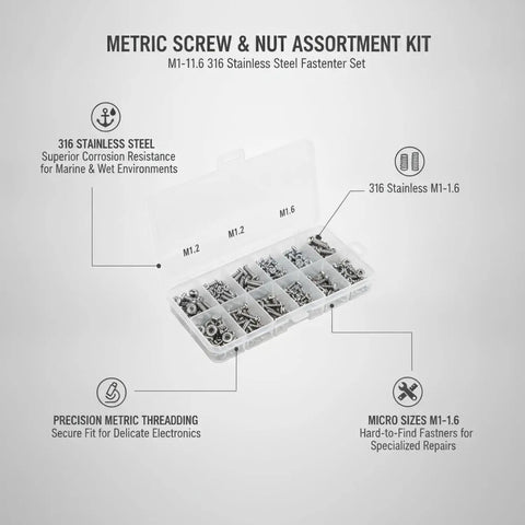316 Stainless Steel Micro Fastener Kit With Metric Screws And Nuts M1 Through M1.6 For Precision Electronics And Marine Hardware Repair in organizer tray