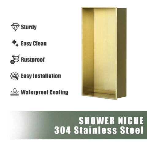 Brushed Gold Shower Niche Stainless Steel Recessed Shelf Waterproof Organizer for Shampoo and Toiletries No Tile Needed Easy Install
