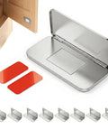 Ultra Thin No Drill Magnetic Cabinet Catch Set With Adhesive Stainless Steel Door Latch Keeps Kitchen And Bathroom Cabinets Closed Strong Hold Magnetic Door Closer 8 Pack Silver showing open and closed latches