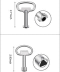 Two metal keys with measurements for Handy Home DIY Utility Key Kit 6 Piece Plumber Key Set With Triangle Spanner Key And 4 Way Service Cross Key