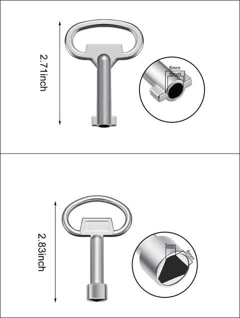 Two metal keys with measurements for Handy Home DIY Utility Key Kit 6 Piece Plumber Key Set With Triangle Spanner Key And 4 Way Service Cross Key