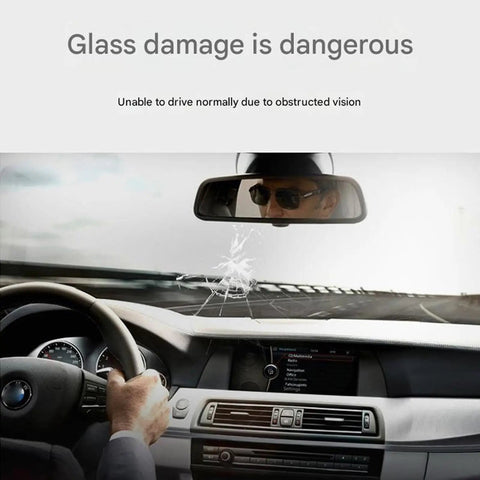 Driver in car with windshield crack, demonstrating need for Windshield Chip And Crack Repair Kit For Scratches Quick Fix With Suction Cup Curing No Brainer Five Minute Repair To Restore Clarity And Prevent Chip Spread.