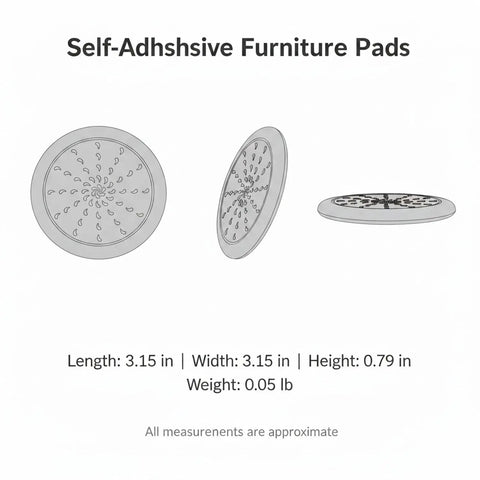 4 To 8 Pack Self Adhesive Furniture Pads shown in three positions with measurements, designed to keep floors ding free on hardwood and tile