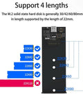 M2 Nvme SSD enclosure support for multiple lengths, compatible sizes 22X30, 22X42, 22X60, 22X80 in a visual layout.
