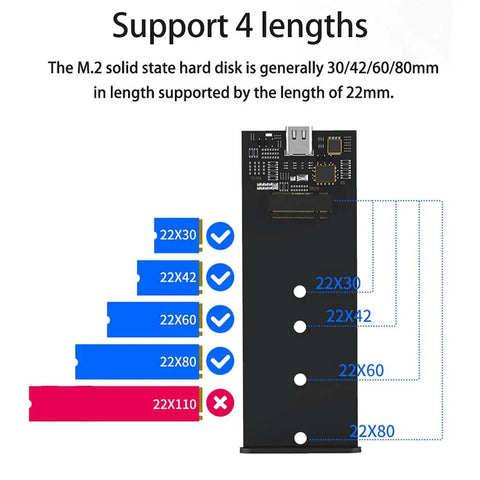 M2 Nvme SSD enclosure support for multiple lengths, compatible sizes 22X30, 22X42, 22X60, 22X80 in a visual layout.
