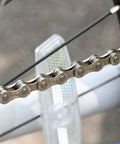 Five To Eight Speed Bike Chain One Half By Three Thirty Second Inch 122 Links, Easy To Install Quick Link Master Link close-up on bike