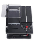 Rock Solid Woodworking Sliding Table Saw With Variable Speed Control And Heavy Duty Steel Build Featuring Precision Adjustable Fence close-up view showing the adjustable fence and measurement scale.