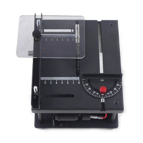 Rock Solid Woodworking Sliding Table Saw With Variable Speed Control And Heavy Duty Steel Build Featuring Precision Adjustable Fence close-up view showing the adjustable fence and measurement scale.
