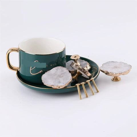 Fresh White Geode Cabinet Knob Set With Slick Gold Plated Crystal Drawer Pulls And Easy Install Gemstone Cupboard Handles For Your Kitchen Bathroom Upgrade on green plate with cup.