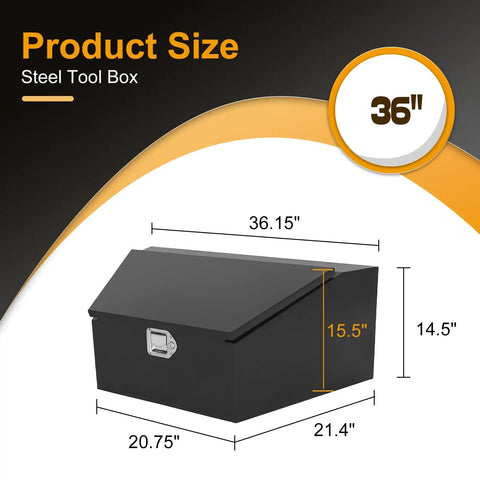 Heavy Duty Steel Thirty Six Inch Trailer Tongue Tool Box With Reinforced Lid, dimensions 36.15x20.75x15.5 inches, shown from an angle.