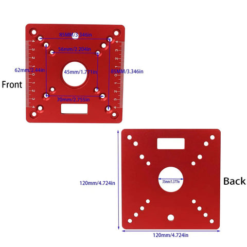 Front and back view of Aluminum Router Table Insert Plate 120x120mm Mini Square Woodworking Bench Flip Plate DIY Friendly Red 055