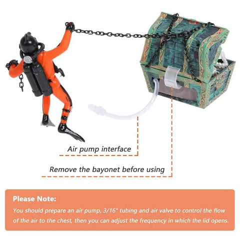 Live Action Undersea Treasure Chest Aquarium Ornament With Diver Air Bubbler For Aerating Your Fish Tank Durable Orange Resin Decoration with frogman and treasure chest detail.