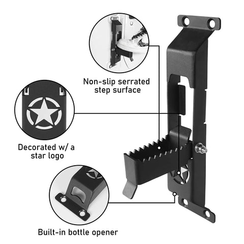 Detailed view of Heavy Duty Kickass Door Hinge Steps For Jeep Wrangler Jk Jku with serrated grip and built-in bottle opener.