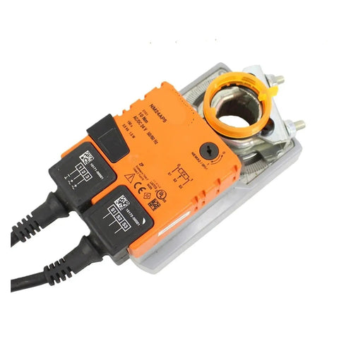 Rock Solid 24V Damper Actuator With Built Tough Feedback Potentiometer For Smooth Hvac Airflow Management 10Nm Rotary Torque Open Close Bidirectional Control Nm24Ap5 Ce Approved Workhorse Grade close-up of orange actuator with connection cables