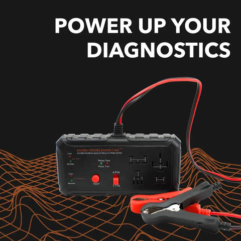 12V Automotive Relay Tester Kit With Battery And Alternator Check, Tests 4 And 5 Pin Relays displayed with cables and clamps