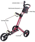 Lightweight Aluminum Golf Push Cart Foldable Three Wheel Trolley With Adjustable Handle showcasing foot brake and umbrella holder.