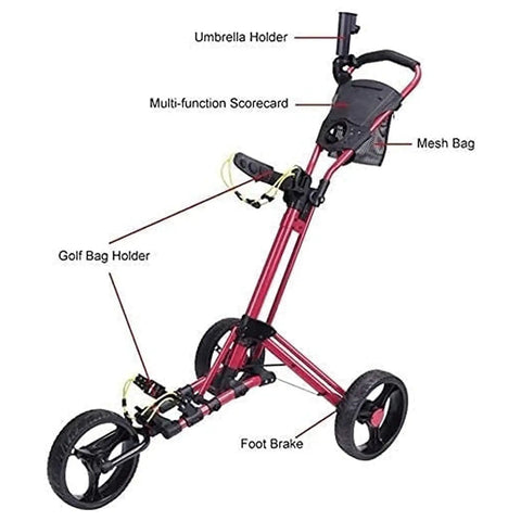 Lightweight Aluminum Golf Push Cart Foldable Three Wheel Trolley With Adjustable Handle showcasing foot brake and umbrella holder.