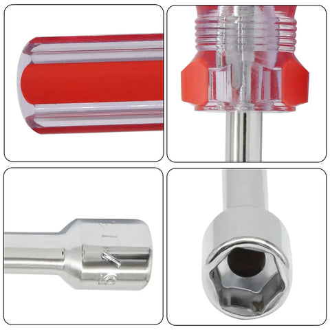 Close-up of 6mm Hex Socket Wrench and Screwdriver Set with Cushion Grip, showing red handle and high carbon steel construction.