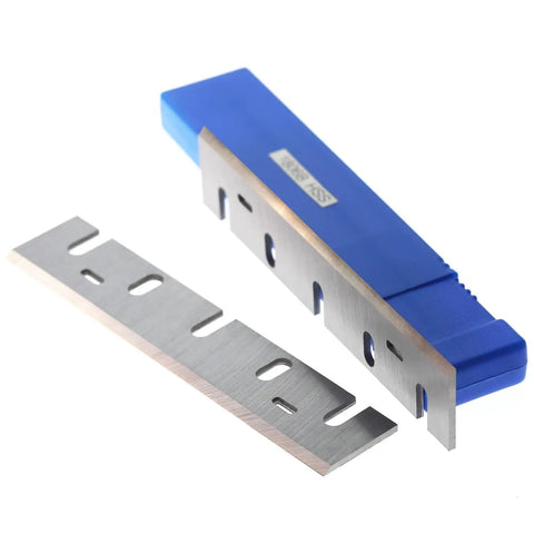Top Shelf HSS Planer Blades Replacement Knives Set Of 2 For Table Woodworking Machines Precision Ground Heavy Duty Power Tool Upgrade with blue holder.