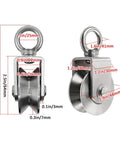 Two Pack V Groove Caster Wheels Beast Mode Heavy Duty Track Pulley System 304 Stainless Steel directional rollers with dimensions marked.