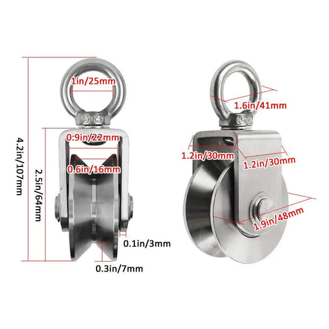Two Pack V Groove Caster Wheels Beast Mode Heavy Duty Track Pulley System 304 Stainless Steel directional rollers with dimensions marked.