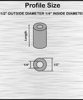 Aluminum spacer, 1/2 in OD x 1/4 in ID, unthreaded round standoff; side and top views.