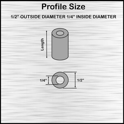 Aluminum spacer, 1/2 in OD x 1/4 in ID, unthreaded round standoff; side and top views.